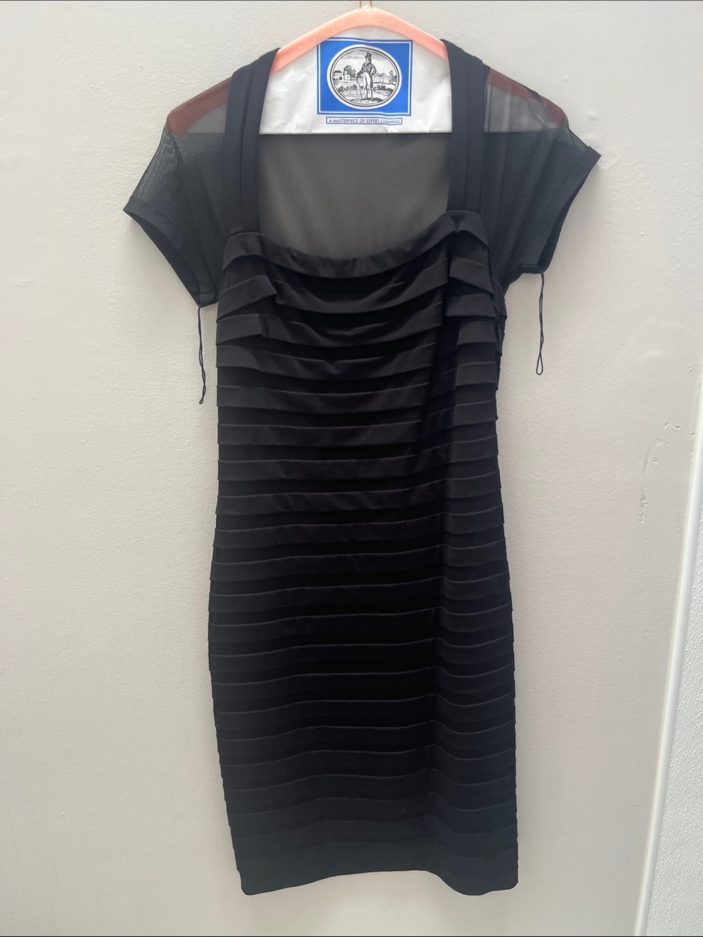 Maggy London Black Layered Midi Dress with Sheer Cap Sleeves